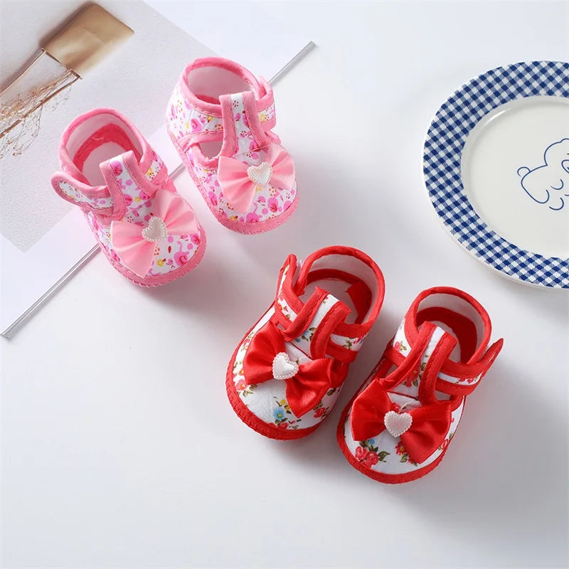 0-18months Baby Girls Flat Shoes Soft Sole Bowknot Flower Print Non-Slip Shoes For Infant Girls Indoor Outdoor First Walkers